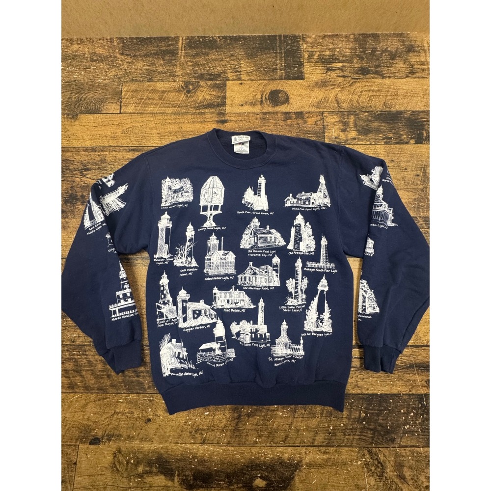 Michigan Rag Co Navy‎ Blue Lighthouse Graphic Sweatshirt Mens Medium AOP